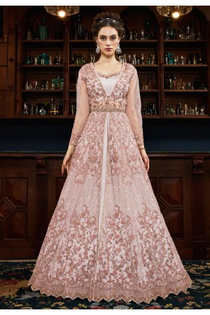 Pink satin embroidered indo western lehenga choli  4532